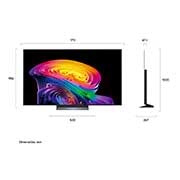 A LG OLED evo AI C6 está instalada na parede de uma sala de estar elegante, apresentando um design ultrafino com bordas estreitas, e exibe na tela uma paisagem urbana à beira do rio ao pôr do sol.