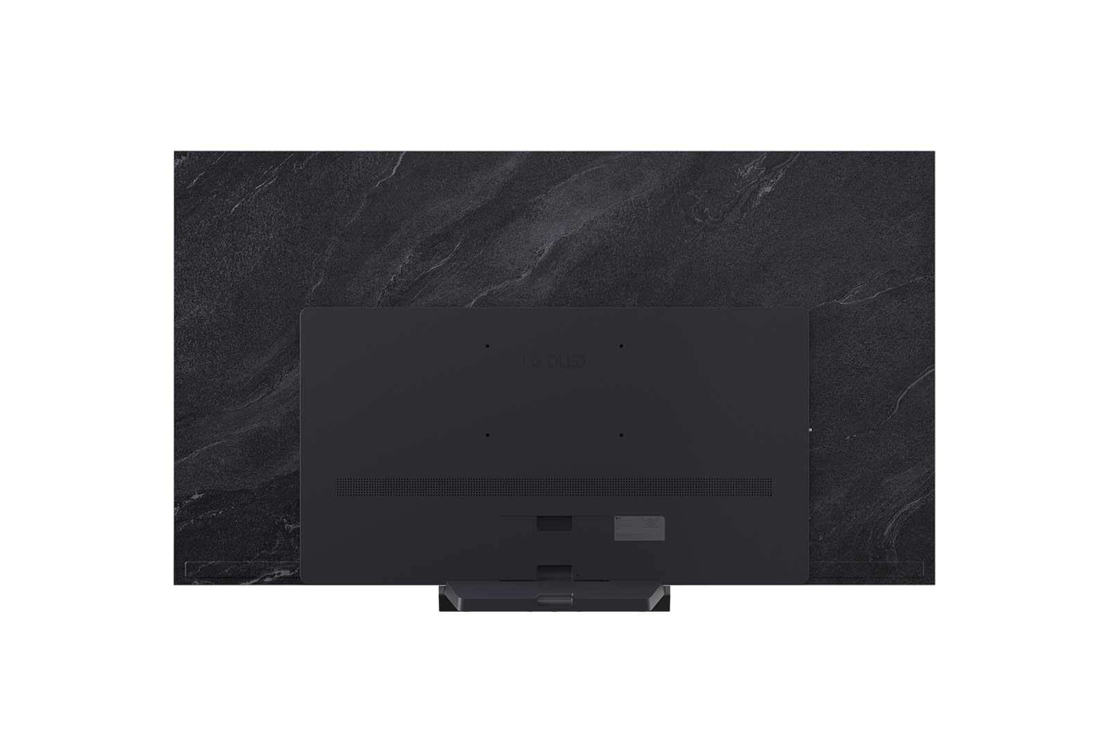 A LG OLED evo AI C6, mostrada em vistas frontal e lateral, destaca-se por sua tela de 77 polegadas com 1711 mm de largura, altura total de 982 mm e espessura ultrafina de 47,1 mm sem o suporte.