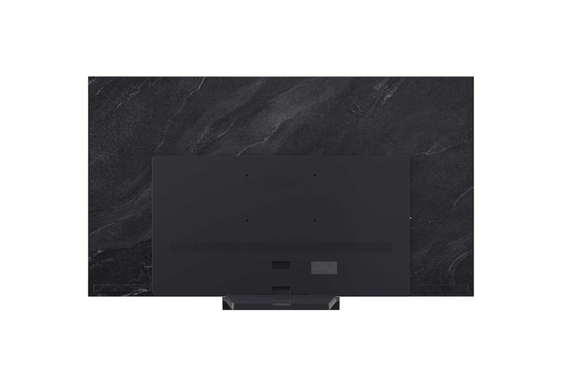 A LG OLED evo AI C6, mostrada em vistas frontal e lateral, destaca-se por sua tela de 77 polegadas com 1711 mm de largura, altura total de 982 mm e espessura ultrafina de 47,1 mm sem o suporte.
