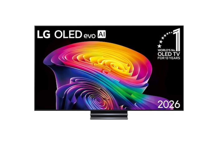 A vista frontal da LG OLED evo AI C6, lançada em 2026, apresenta uma moldura preta fina, com uma imagem vívida e escultural de formas multicoloridas e ricamente sobrepostas que preenchem a tela.