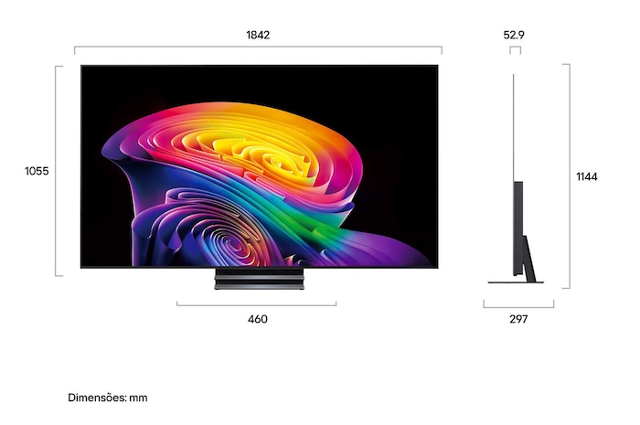 A LG OLED evo AI C6 está instalada na parede de uma sala de estar elegante, apresentando um design ultrafino com bordas estreitas, e exibe na tela uma paisagem urbana à beira do rio ao pôr do sol.