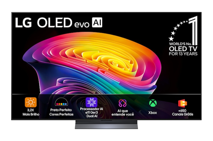 A vista frontal da LG OLED evo AI C6, lançada em 2026, apresenta uma moldura preta fina, com uma imagem vívida e escultural de formas multicoloridas e ricamente sobrepostas que preenchem a tela.