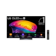 A vista frontal da LG OLED evo AI C6, lançada em 2026, exibe uma imagem de formas multicoloridas e sobrepostas, apresentando a tecnologia Cores hiperradiantes, Preto Perfeito e Cores Perfeitas, juntamente com o selo de TV OLED nº 1 do mundo por 13 anos.
