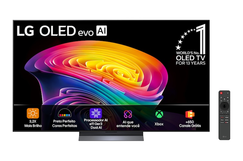 A vista frontal da LG OLED evo AI C6, lançada em 2026, exibe uma imagem de formas multicoloridas e sobrepostas, apresentando a tecnologia Cores hiperradiantes, Preto Perfeito e Cores Perfeitas, juntamente com o selo de TV OLED nº 1 do mundo por 13 anos.