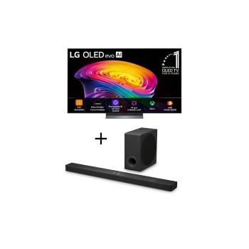 Vista frontal de Smart TV LG OLED evo AI 4K C6 83 polegadas 2026+Soundbar LG S90TY – 570W RMS, Dolby Atmos, 5.1.3 Canais, DTS:X, AI Room Calibration Pro, AI Sound Pro, Sem fios, WOW Orchestra, Conexões Múltiplas OLED83C6.S90TY