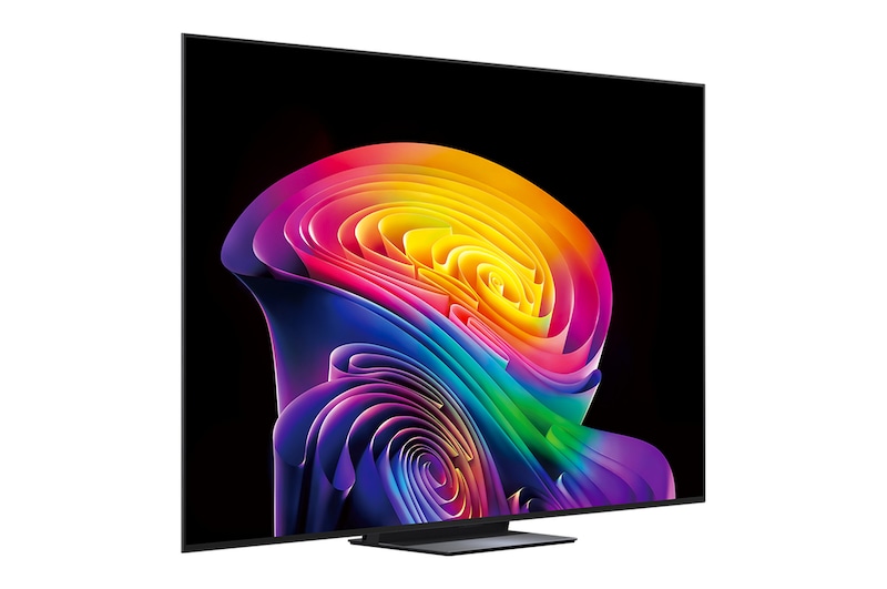 O Processador AI Alpha 11 Ger3 da TV LG OLED evo C6 AI brilha em luz roxa e azul sobre uma placa de circuito escura, destacando o Dual AI  e oferecendo desempenho de NPU até 5,6 vezes mais rápido, CPU 50% mais rápido e GPU 70% mais potente.