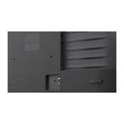 Uma LG QNED AI QNED70 Mini LED é mostrada por trás, revelando um painel traseiro metálico com sulcos horizontais uniformemente espaçados que criam uma aparência limpa e estruturada e enfatizam o Linear Flow Design em toda a superfície.