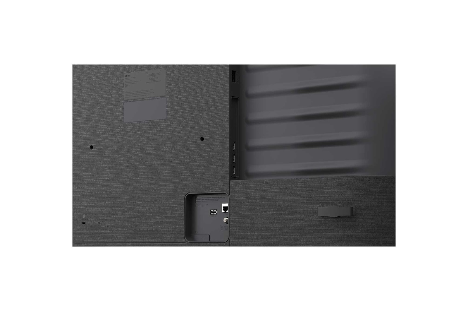Uma LG QNED AI QNED70 Mini LED é mostrada por trás, revelando um painel traseiro metálico com sulcos horizontais uniformemente espaçados que criam uma aparência limpa e estruturada e enfatizam o Linear Flow Design em toda a superfície.