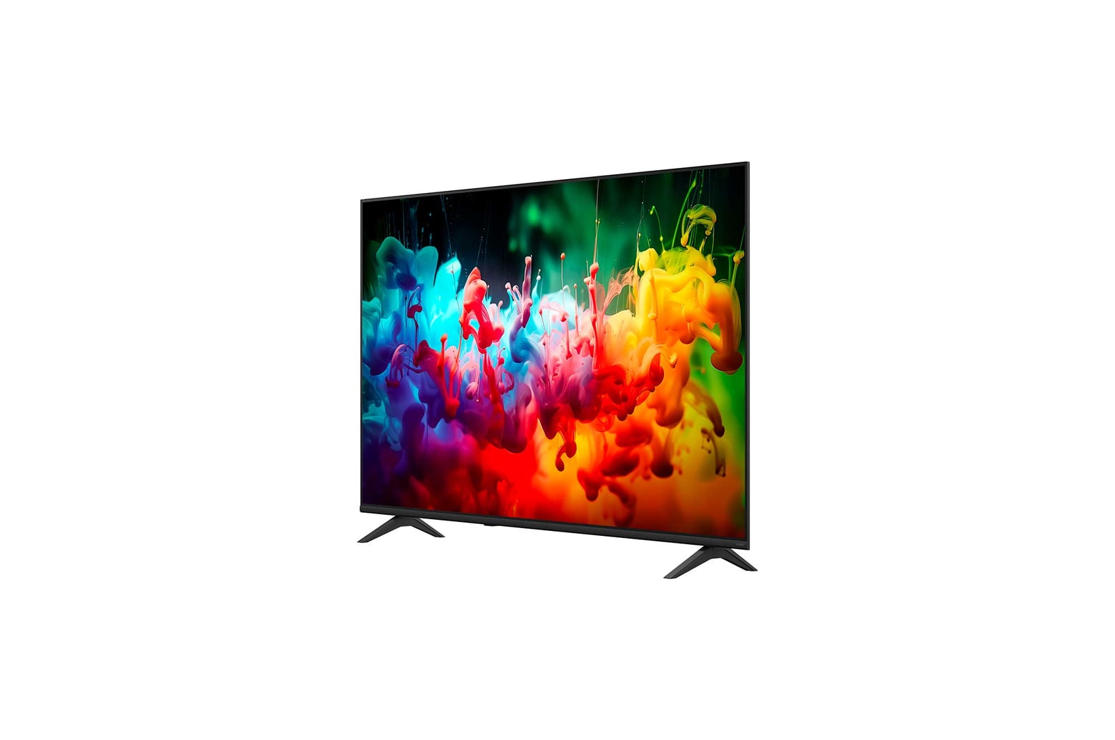 Uma LG QNED AI QNED70 Mini LED com 4K Super Upscaling e Dynamic Tone Mapping mostra uma cena externa em ângulo baixo de um homem entre prédios coloridos, enquanto a IA reconhece a cena e otimiza cada quadro para a resolução 4K.