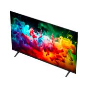 Uma LG QNED AI QNED70 Mini LED apresenta o AI Hub para personalização, com um ícone de IA acima do controle remoto, cercado por etiquetas para Multi-AI Search, AI Concierge, AI Voice ID com Minha Página, AI Chatbot, AI Picture Wizard e AI Sound Wizard.