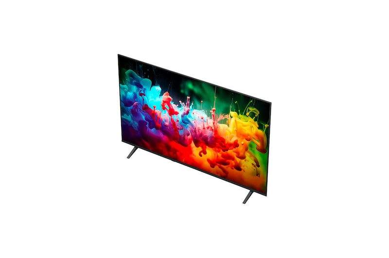 Uma LG QNED AI QNED70 Mini LED apresenta o AI Hub para personalização, com um ícone de IA acima do controle remoto, cercado por etiquetas para Multi-AI Search, AI Concierge, AI Voice ID com Minha Página, AI Chatbot, AI Picture Wizard e AI Sound Wizard.