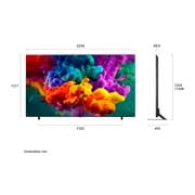 LG QNED evo AI QNED85 Mini LED with a Slim Design is wall-mounted in a bright, open living space, featuring a sleek profile that blends seamlessly into the interior while displaying a bold, colorful abstract artwork.