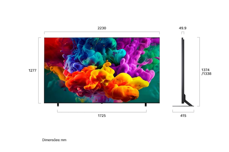 LG QNED evo AI QNED85 Mini LED with a Slim Design is wall-mounted in a bright, open living space, featuring a sleek profile that blends seamlessly into the interior while displaying a bold, colorful abstract artwork.
