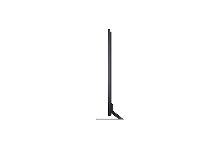 LG QNED evo AI QNED85 Mini LED shown in front and side views highlights a 100-inch display with a 2230 mm-wide screen, 1277 mm screen height, 1374/1338 mm height with stand, a 49.9 mm profile depth, and a stand footprint measuring 1725 by 415 mm.