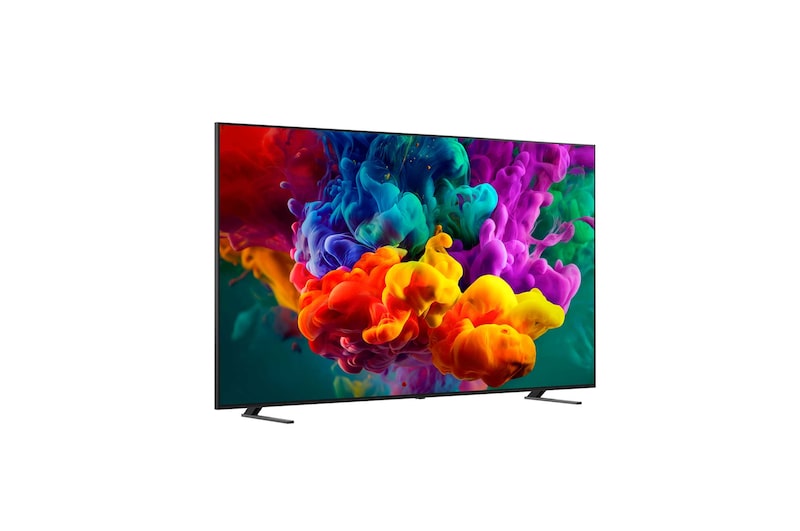 LG QNED evo AI QNED85 Mini LED with Dynamic QNED Color Pro fills the screen with vivid, fluid bursts of multicolored, paint-like motion, showcasing enhanced color vibrancy certified for 100% Color Volume.
