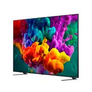 LG QNED evo AI QNED85 Mini LED’s alpha 8 AI Processor 4K Gen3 glows in blue light on a circuit board, highlighting AI processing performance with NPU x5.0 Faster Neural Processing, GPU 10% More Powerful Graphics, and 20% Memory Enhanced Throughput.
