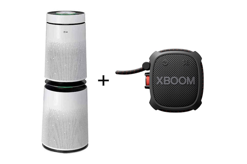 Vista frontal de Combo LG Purificador de Ar PuriCare 360º 2 Filtros Branco 127v + Caixa de som Bluetooth XBOOM XG2T Bluetooth à prova d'água AS101DWH0.XG2TBK