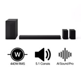 LG Home Theater Soundbar S60TR com alto-falantes traseiros e som surround com configuração de canais 5.1