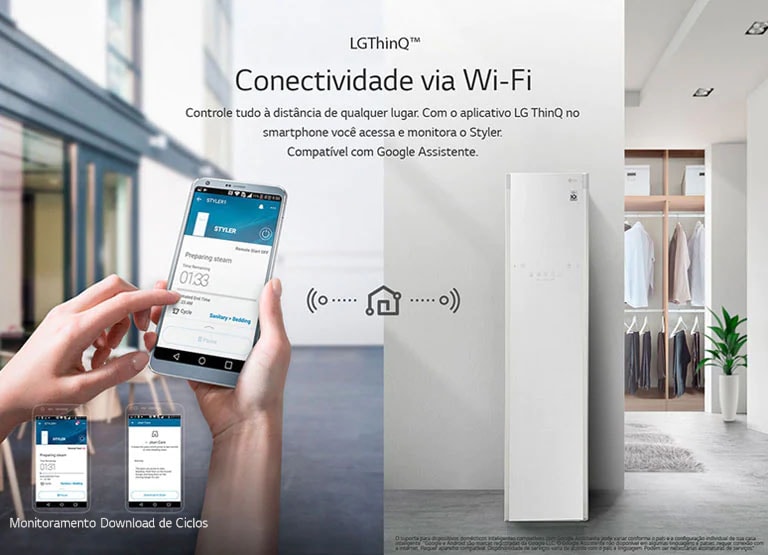 Conectividade via Wi-fi. Controle tudo à distancia de qualquer lugar com o aplicativo LG ThinQ no smartphone.