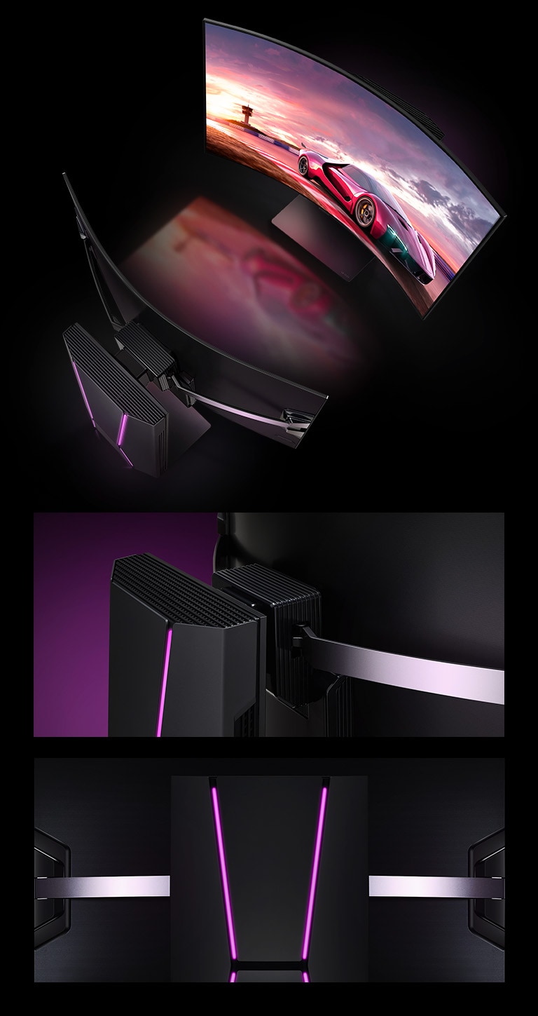 Três imagens da LG OLED Flex. Primeiro, duas televisões são vistas de cima, frente a frente. Em segundo lugar, um close-up do design do escudo visto de cima em um ângulo. Terceiro, um close frontal do design do escudo.