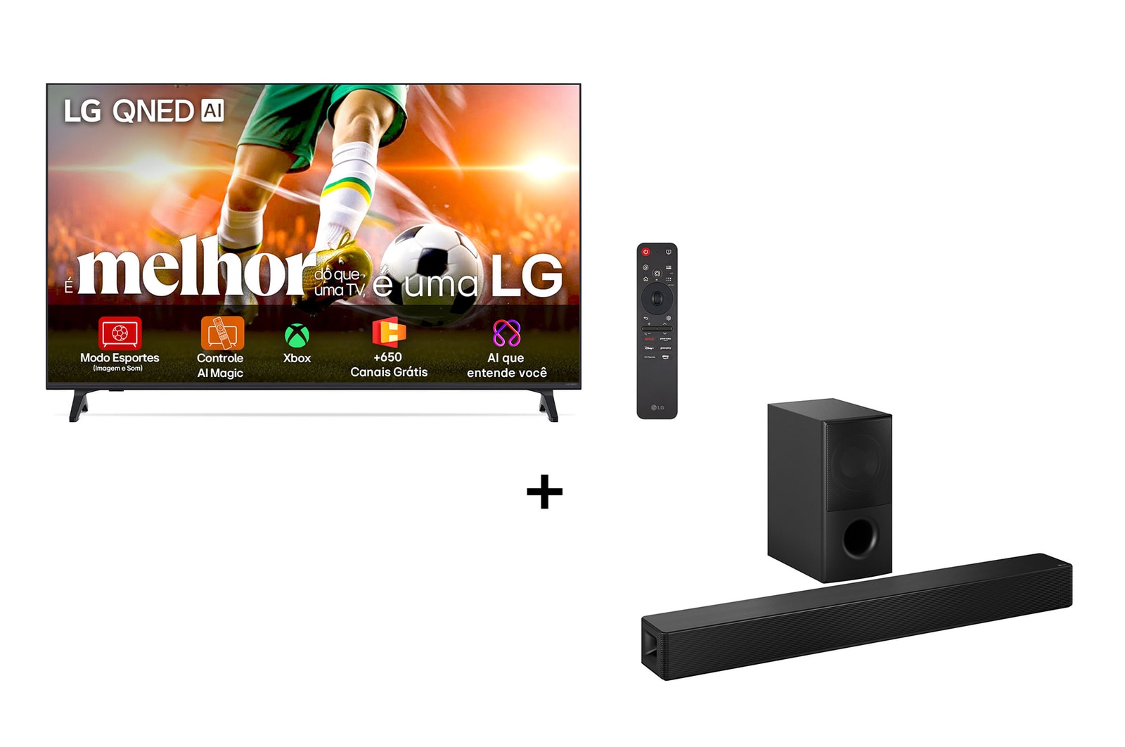 Vista frontal de Combo Smart TV 4K LG QNED AI QNED70 de 50 polegadas 2025 + LG Soundbar SH5A Dolby Digital, DTS Surround 4.1 canais, 600W RMS 50QNED70.SH5A