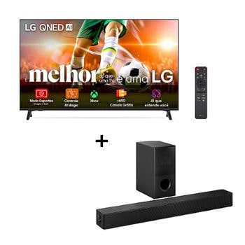 Vista frontal de Combo Smart TV 4K LG QNED AI QNED70 de 50 polegadas 2025 + LG Soundbar SH5A Dolby Digital, DTS Surround 4.1 canais, 600W RMS 50QNED70.SH5A