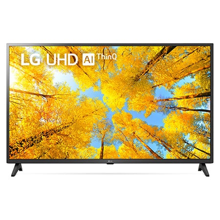 Vista frontal da TV LG UHD com imagem de preenchimento e logotipo do produto sobre si