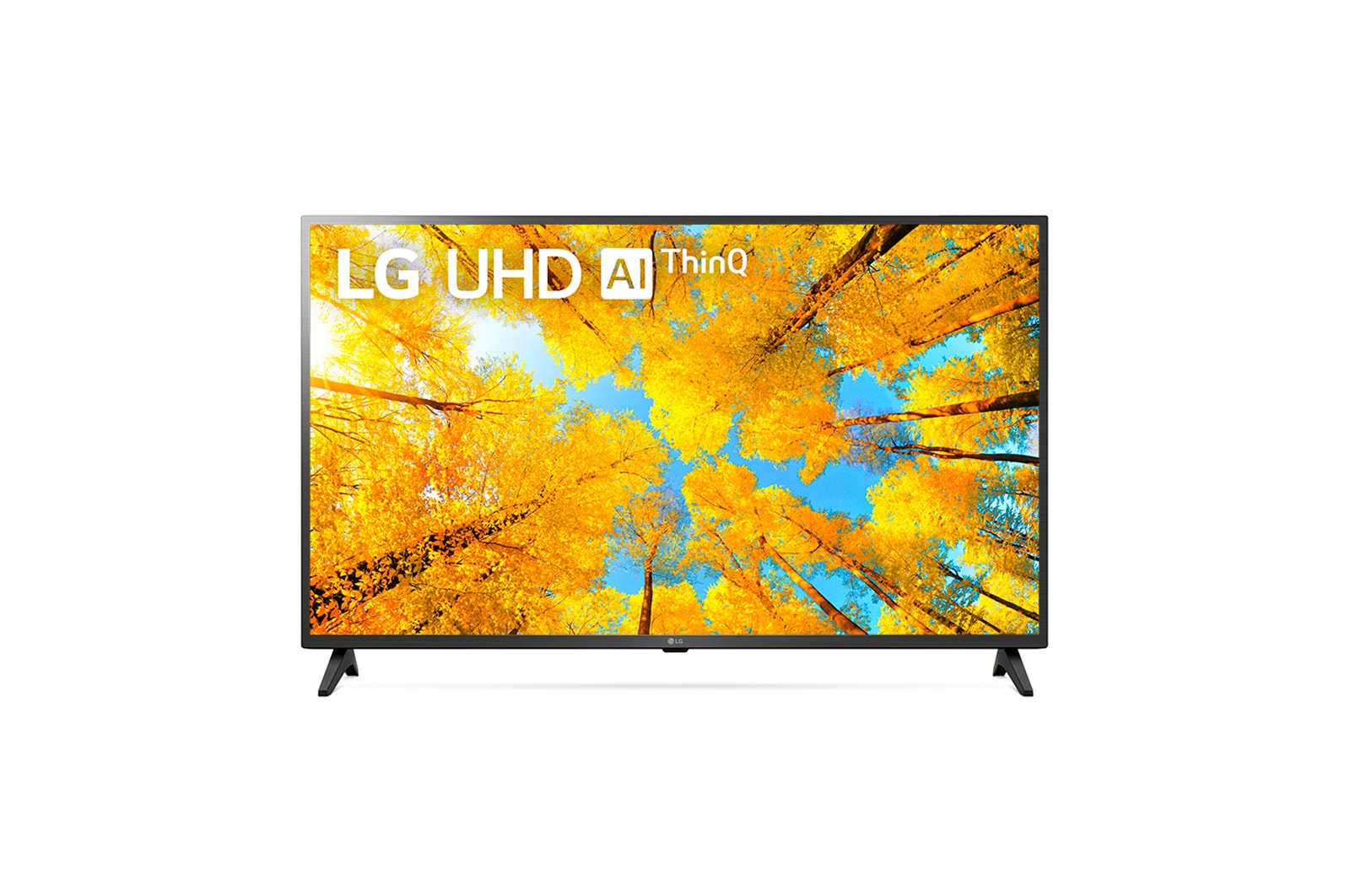 Vista frontal da TV LG UHD com imagem de preenchimento e logotipo do produto sobre si