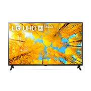Vista frontal da TV LG UHD com imagem de preenchimento e logotipo do produto sobre si