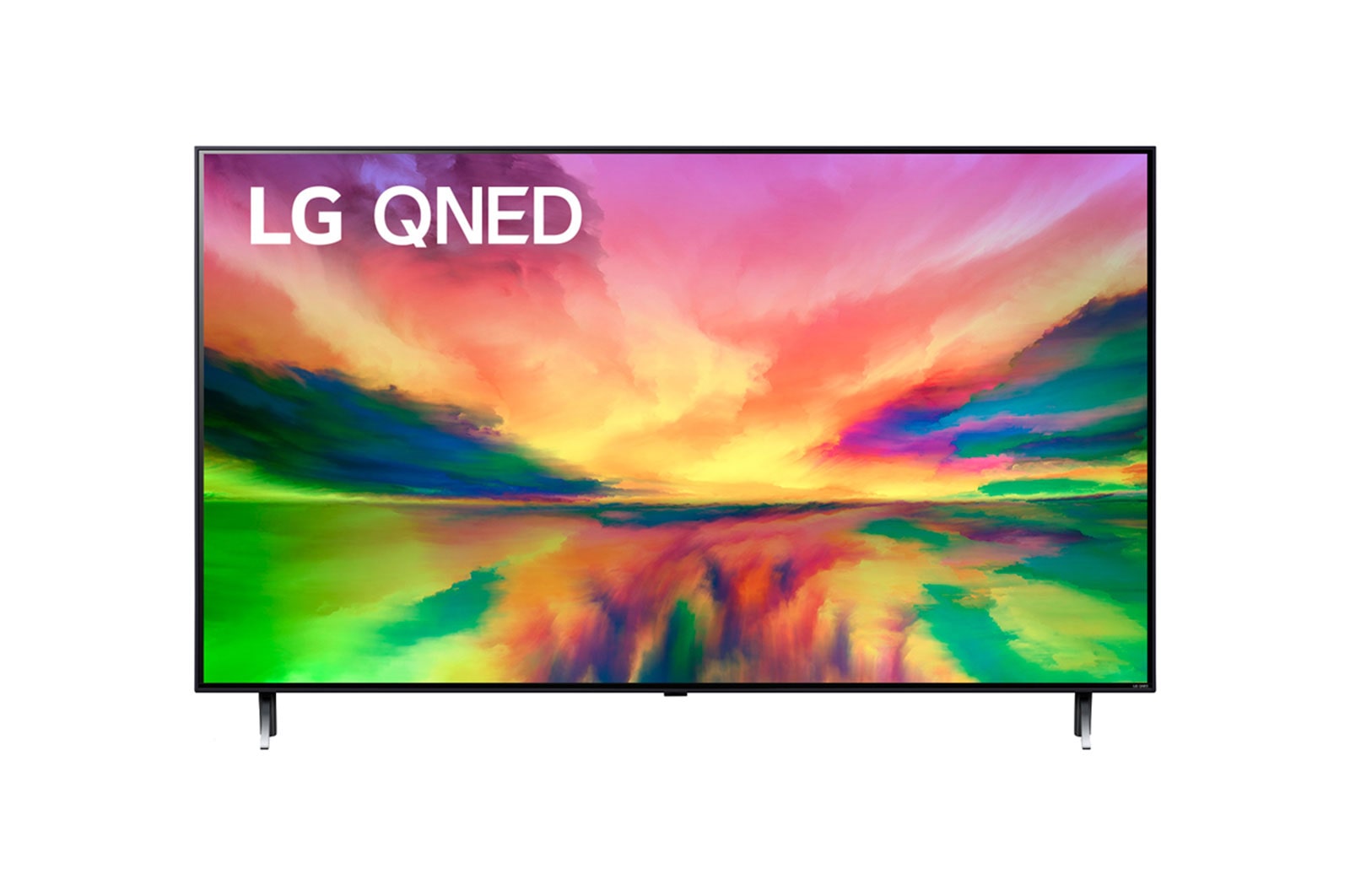 Vista frontal da TV LG QNED com imagem de preenchimento e logotipo do produto sobre si