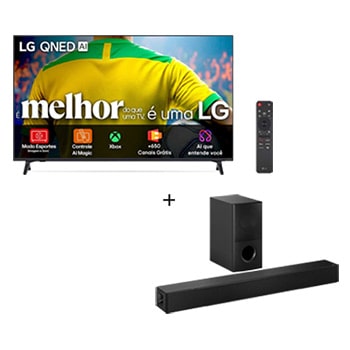 Vista frontal de Combo Smart TV LG QNED AI QNED73 55” 4K com Soundbar SH5A 55QNED73.SH5A