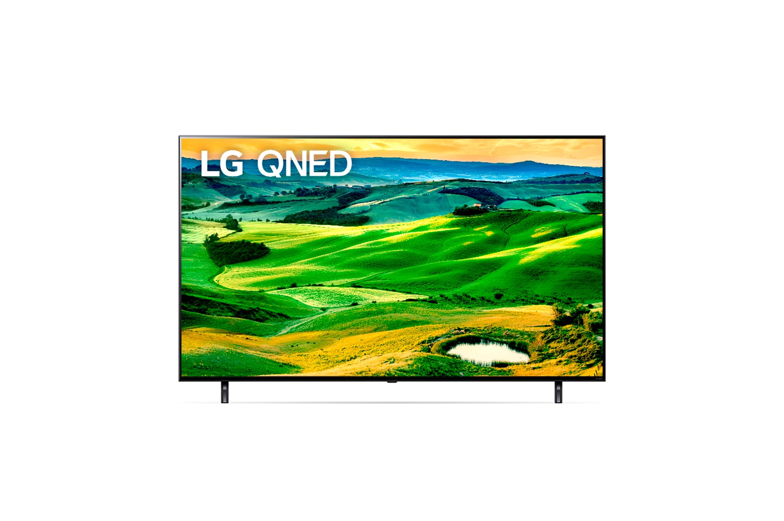 Vista frontal da TV LG QNED com imagem de preenchimento e logotipo do produto sobre si