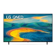 Vista frontal da TV LG QNED com imagem de preenchimento e logotipo do produto sobre si