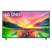 Vista frontal da TV LG QNED com imagem de preenchimento e logotipo do produto sobre si