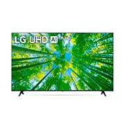Vista frontal da TV LG UHD com imagem de preenchimento e logotipo do produto sobre si