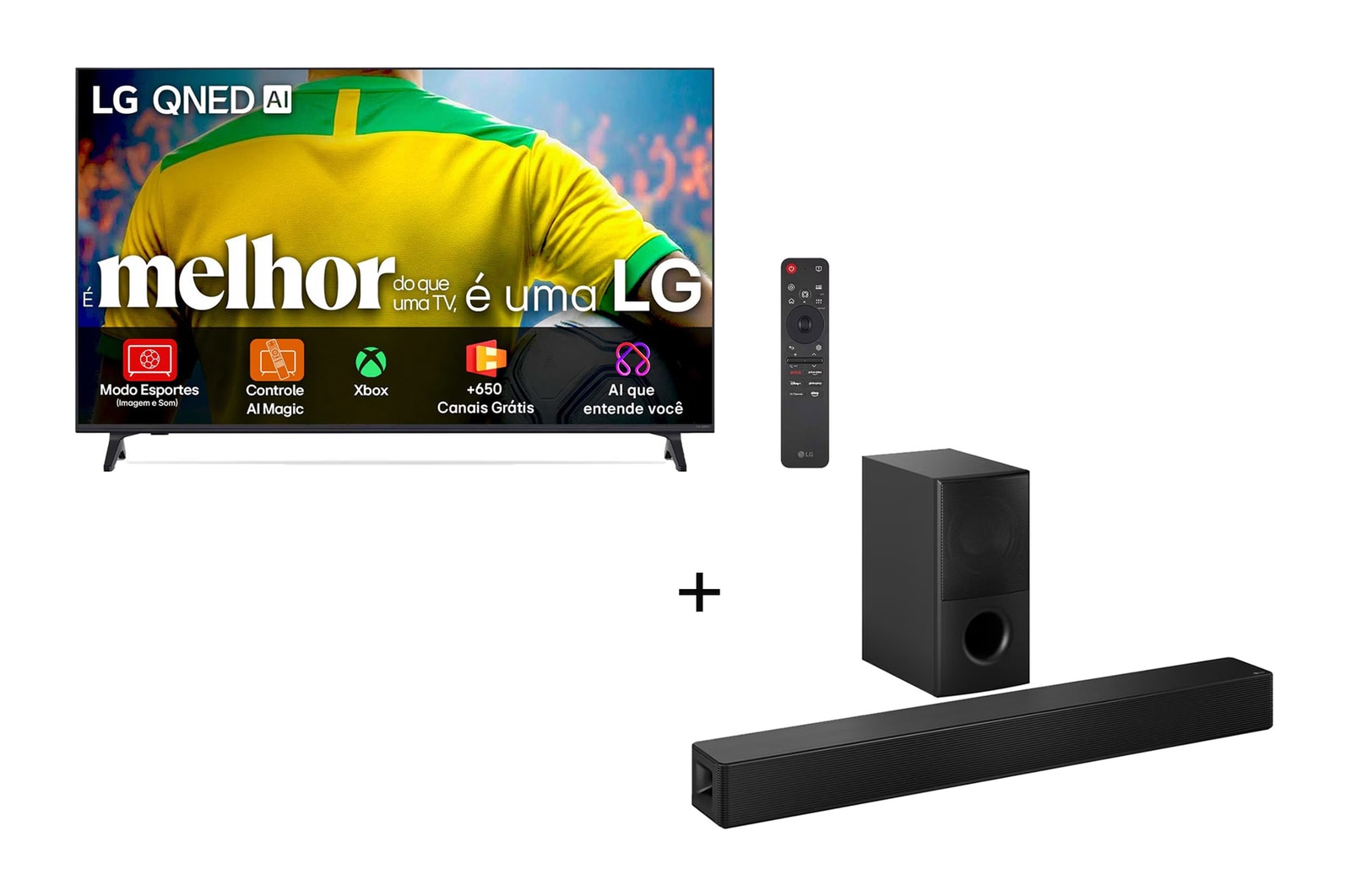 Vista frontal de Combo Smart TV LG QNED AI QNED73 65” 4K com Soundbar SH5A 65QNED73.SH5A