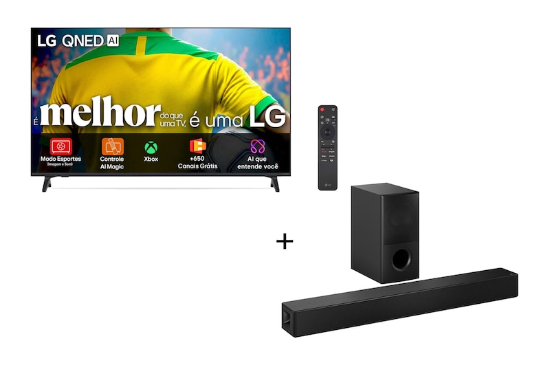 Vista frontal de Combo Smart TV LG QNED AI QNED73 65” 4K com Soundbar SH5A 65QNED73.SH5A
