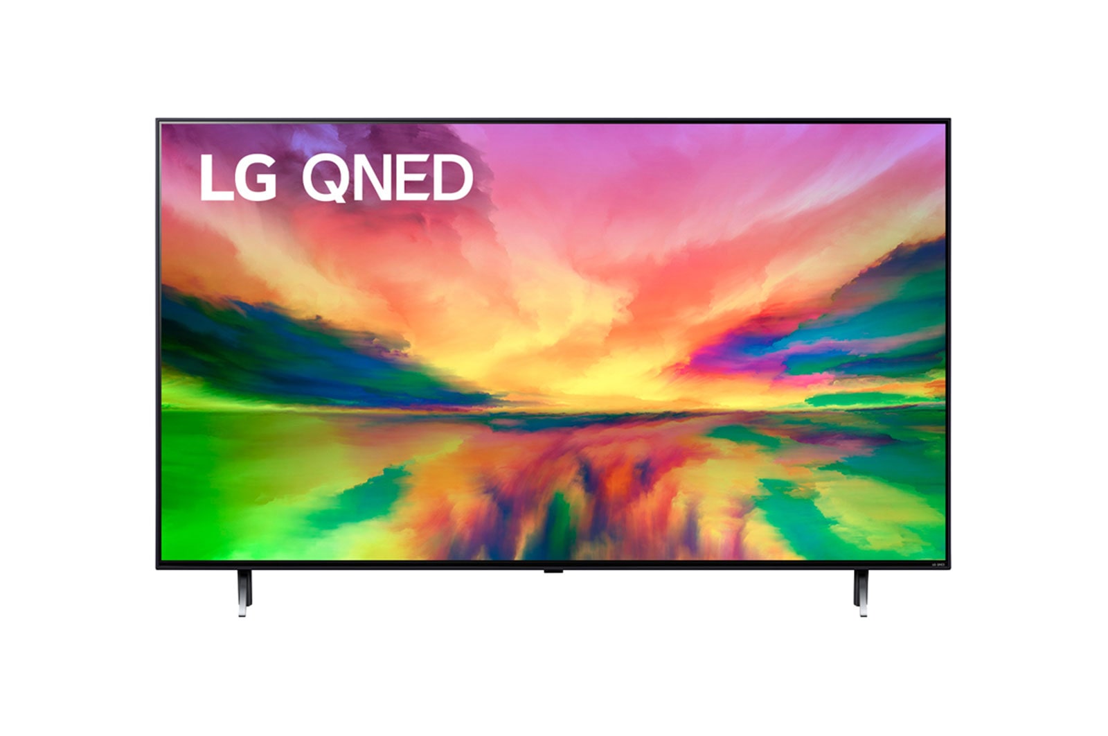 Vista frontal da TV LG QNED com imagem de preenchimento e logotipo do produto sobre si