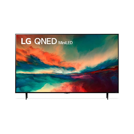 Vista frontal da TV LG QNED com imagem de preenchimento e logotipo do produto sobre si