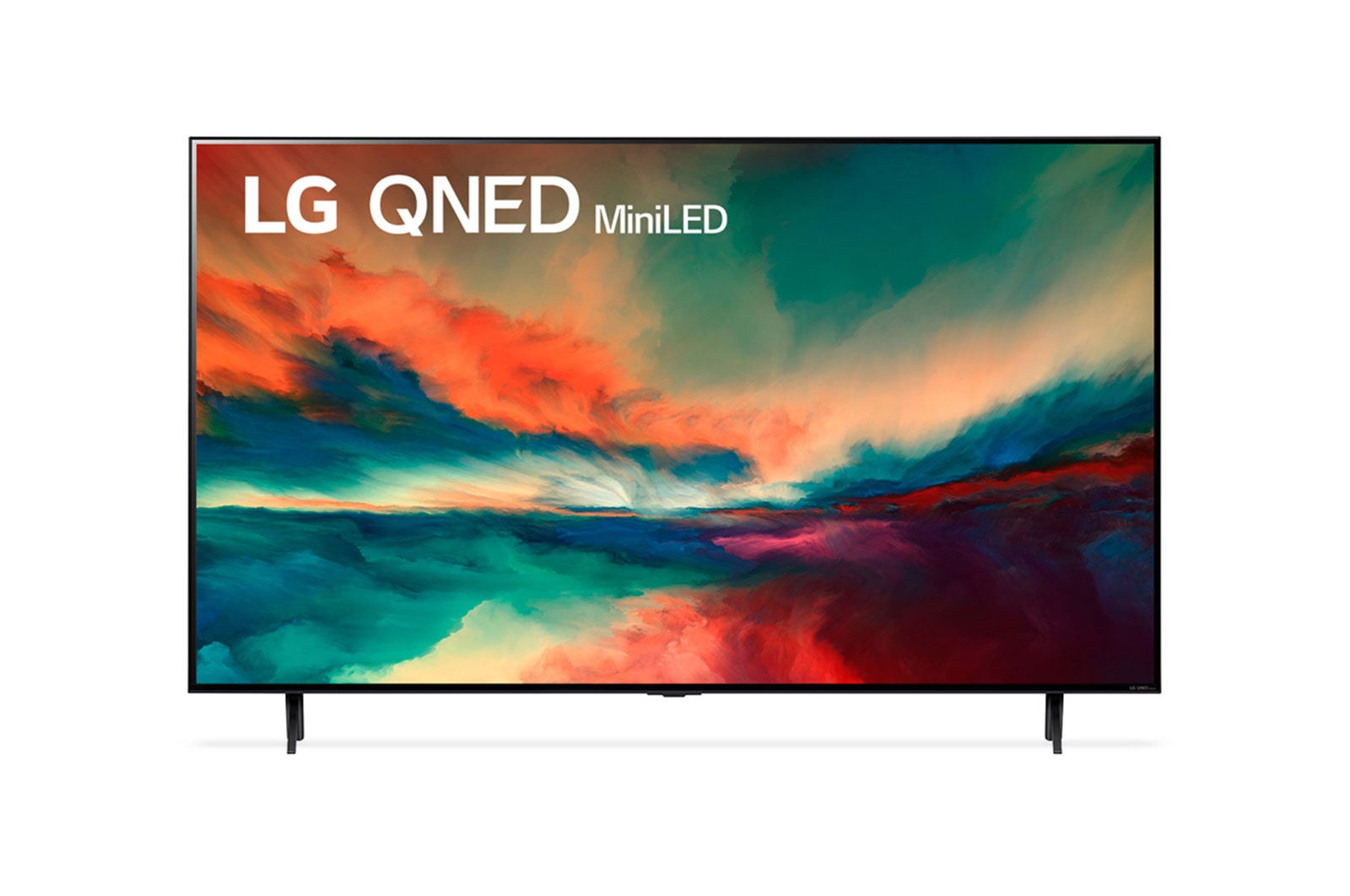 Vista frontal da TV LG QNED com imagem de preenchimento e logotipo do produto sobre si