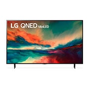 Vista frontal da TV LG QNED com imagem de preenchimento e logotipo do produto sobre si