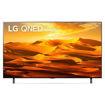 Vista frontal da TV LG QNED com imagem de preenchimento e logotipo do produto sobre si