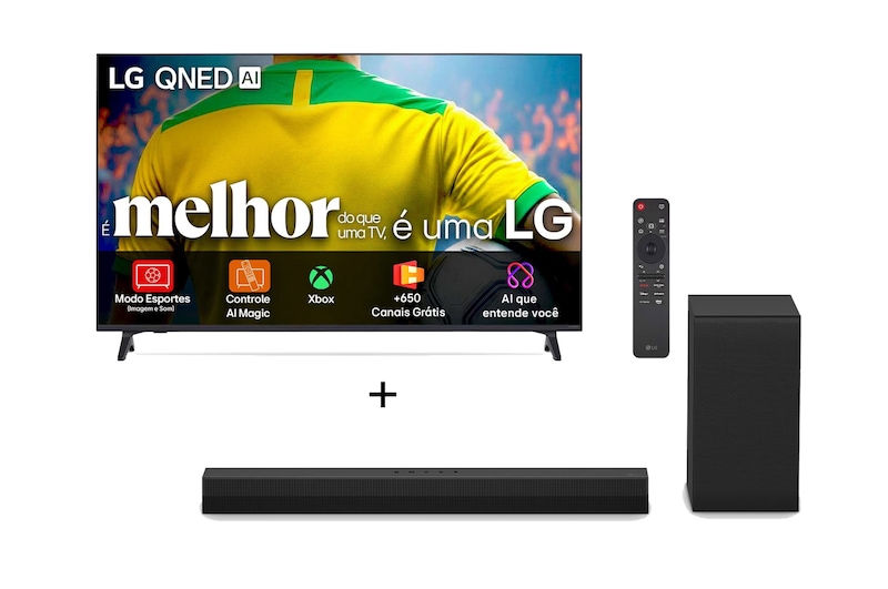 Vista frontal de Combo Smart TV LG AI 4K QNED73 de 75" 2026 + Soundbar S40T 300W RMS, 2.1 Canais, Dolby Digital 75QNED73.S40T