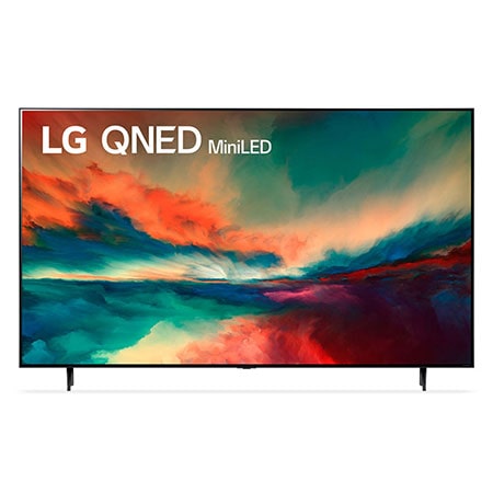 Vista frontal da TV LG QNED com imagem de preenchimento e logotipo do produto sobre si