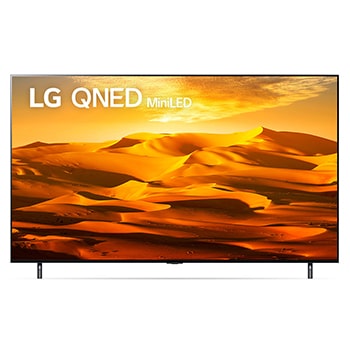 Vista frontal da TV LG QNED com imagem de preenchimento e logotipo do produto sobre si