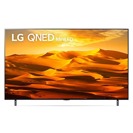 Vista frontal da TV LG QNED com imagem de preenchimento e logotipo do produto sobre si