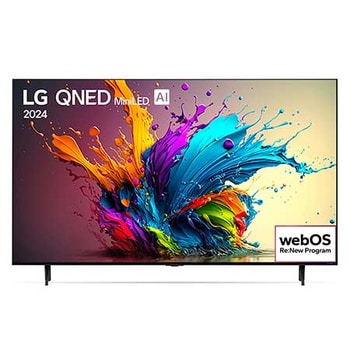 Vista frontal do 75QNED90TSA com texto LG QNED90 MiniLED 4K 2024 e logotipo do Programa WebOS Re:New na tela.