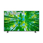 Vista frontal da TV LG UHD com imagem de preenchimento e logotipo do produto sobre si