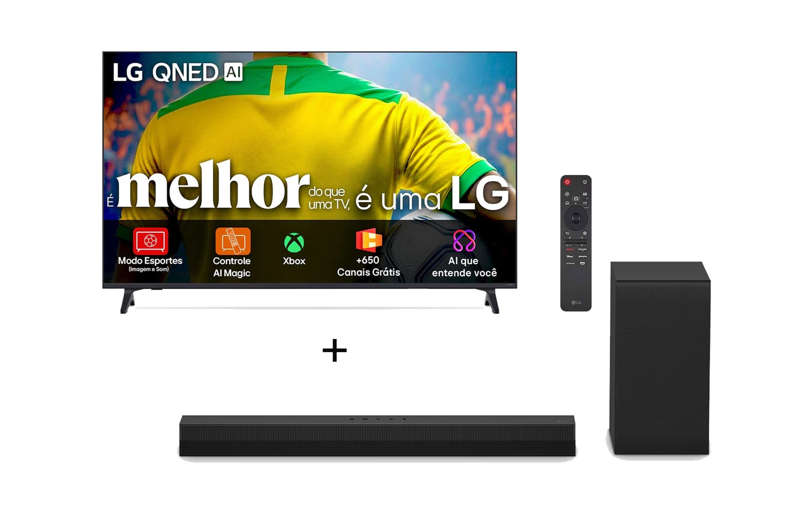 Vista frontal de Combo Smart TV LG AI 4K QNED73 de 86" 2026  + Soundbar S40T 300W RMS, 2.1 Canais, Dolby Digital 86QNED73.S40T