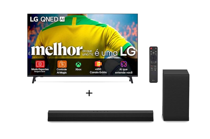 Vista frontal de Combo Smart TV LG AI 4K QNED73 de 86" 2026  + Soundbar S40T 300W RMS, 2.1 Canais, Dolby Digital 86QNED73.S40T